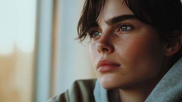 Photo an androgynous woman deep in thought captured in a striking portrait for creative projects