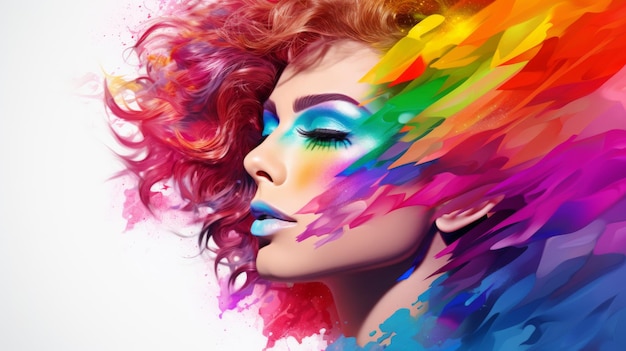 A androgynous woman with colorful hair and makeup shining in glamorous LGBTQ pride