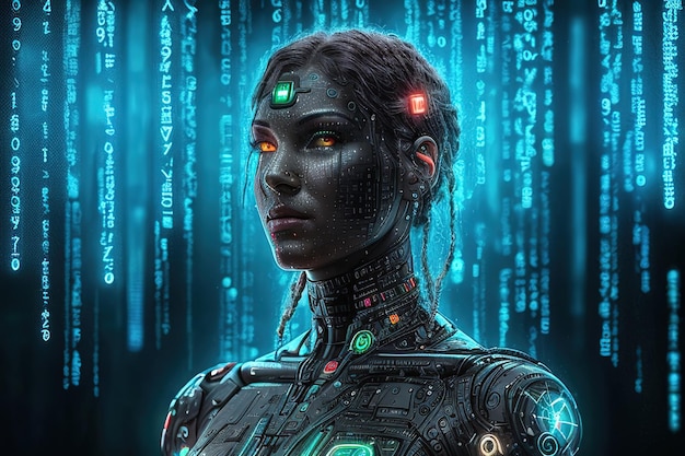 Android in matrix space Artificial intelligence in a female form Generative AI