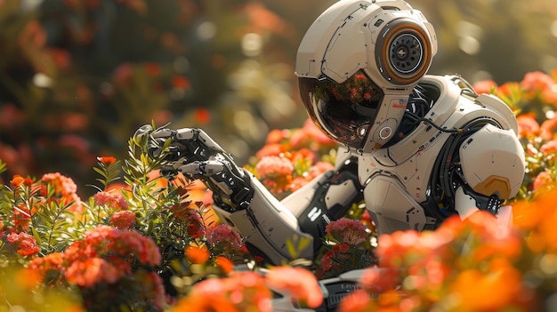 Android robot carefully tends to blooming red flowers in a sunny outdoor garden