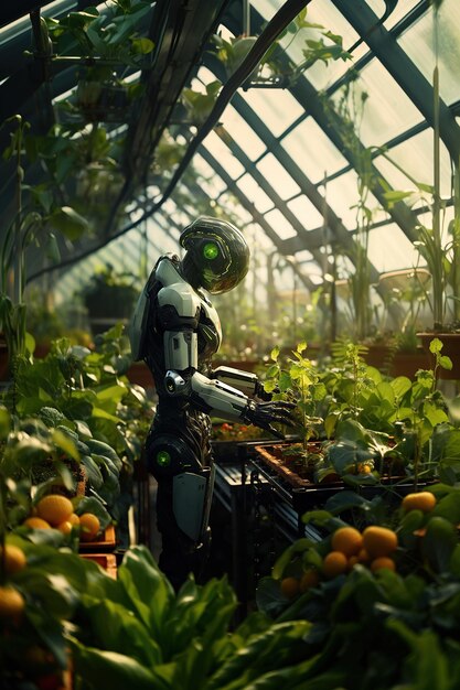 Android robot grows vegetables and greens in a large greenhouse