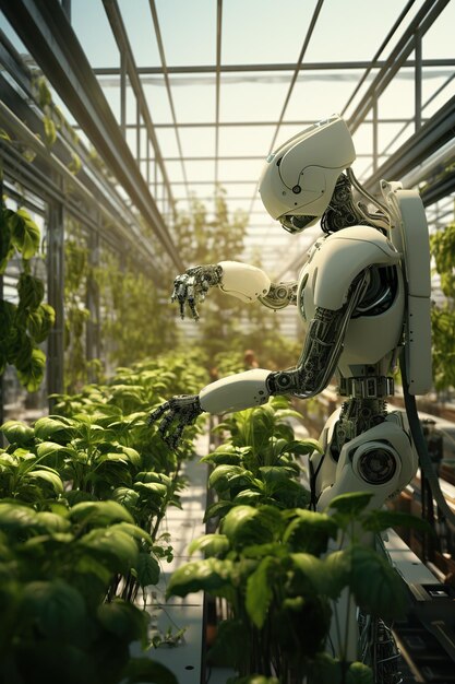 Android robot grows vegetables and greens in a large greenhouse