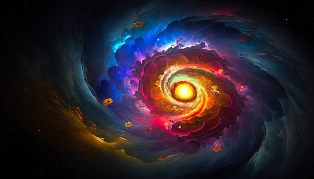 Andromeda galaxy as a blooming flower in a colorful whirlpool of rainbow energy