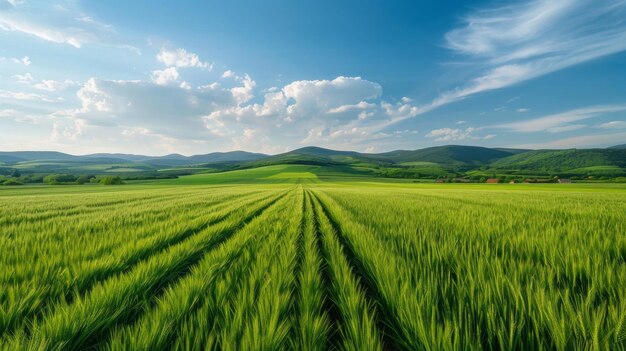 andscape of agrofield on background of blue sky Smooth stripes on field mountains Field of green