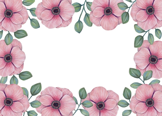 Anemone flower frame Gently pink flower with leaves for wedding invitationsdesign elements