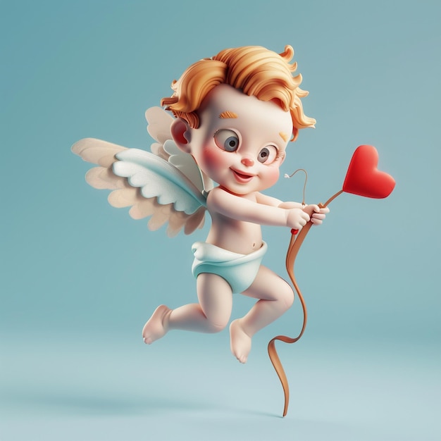 Angel Amur Cupid with wings holding an archer to shoot love or heart isolated blue pastel background