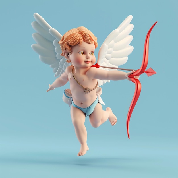 Angel Amur Cupid with wings holding an archer to shoot love or heart isolated blue pastel background