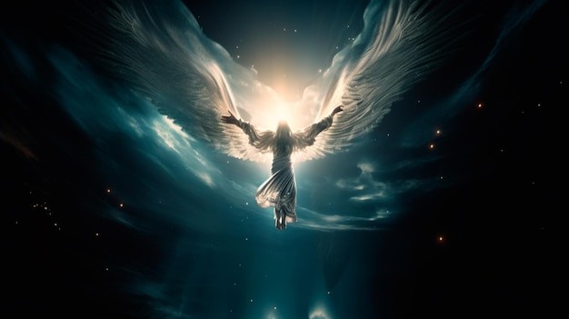 Angel flying from earth to heaven giving light in the darkness God Way to heaven Creative artwork Generative AI illustrator