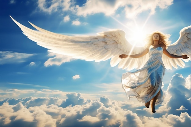 Angel of spirit in blue sky in clouds