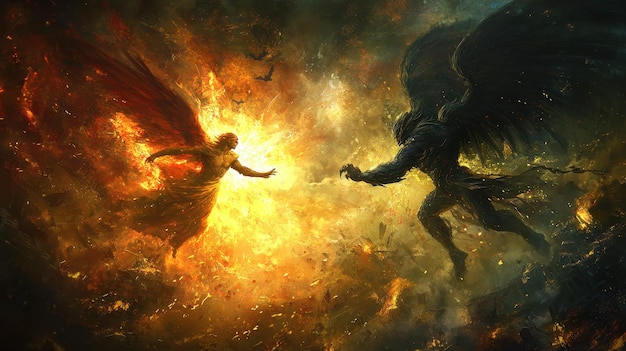 Angel vs Demon Mythological Battle Fire and Darkness Light vs Dark Good vs Evil Fantasy Art