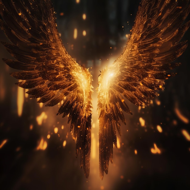 Angel wings on black blurred background golden particles Generative AI