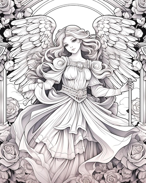 Angel with Flowers in Dress Coloring Art