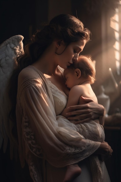 Angelic mother holding a baby