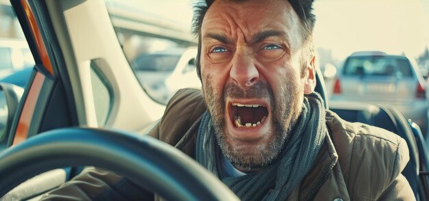 Photo anger of a driver stuck in a traffic jam on a busy highway