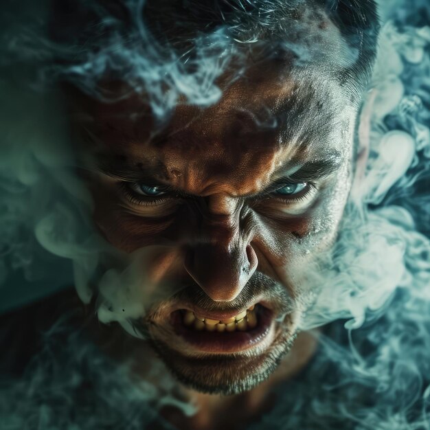 Photo anger face angry man with smoke from the nostrils