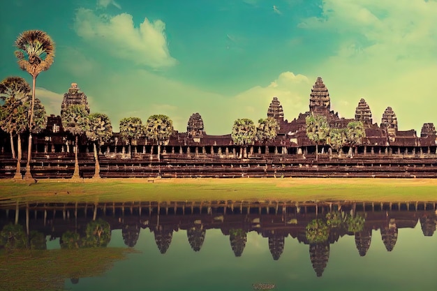 Angkor wat Cambodia Beautiful ancient temple ruins digital art style painting skyline view