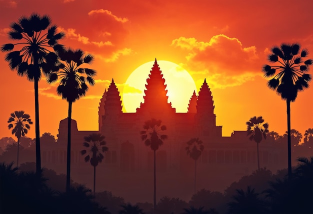 Photo angkor wat temple with a radiant golden roof ornate carvings visible set against a fiery sunset sk