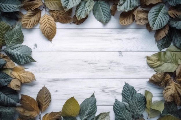 Angle from the top of a white wooden plank with leaves and empty space in the middle