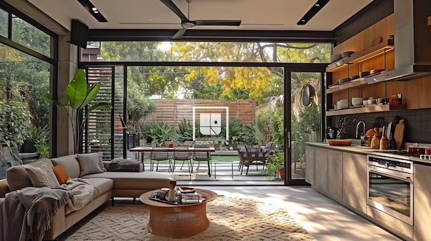 An angle of the openplan kitchen featuring the living room and a window overlooking the gardenxAxA