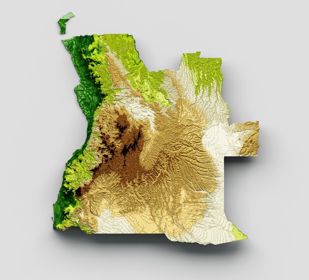 Angola Map Shaded relief Color Height map on isolated Background 3d illustration