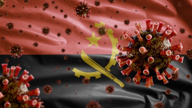 Angolan flag waving with coronavirus microscope virus