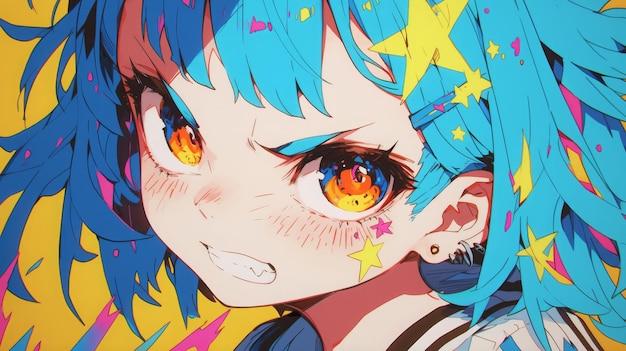 Angry Anime Girl with Blue Hair and Piercings Colorful Illustration