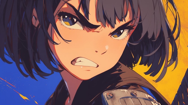 Angry Anime Girl with Short Dark Hair A Colorful Illustration