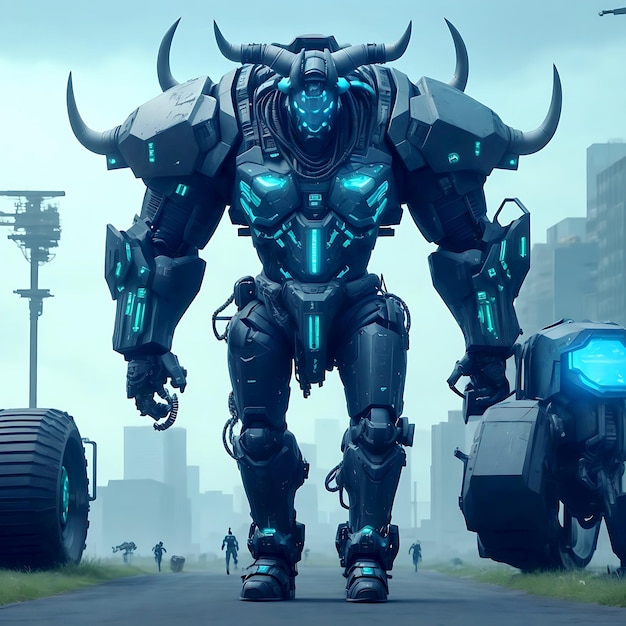 An angry black bull soldier cyberpunk standing on a destroyed road holding weapon warrior