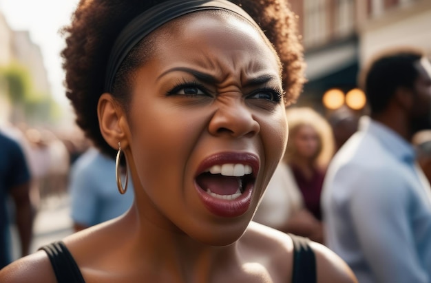 angry black protester screaming on street female activist protesting against rights violation