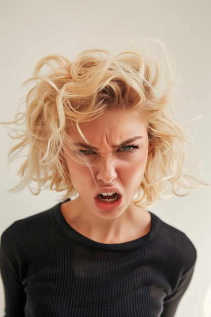 Photo angry blonde woman with tousled short hair expressing intense emotion against a plain background