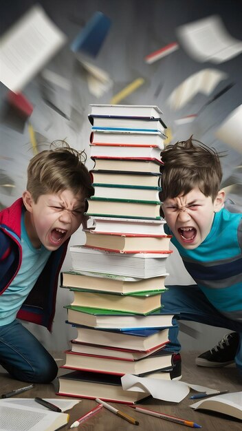 Photo angry boys with stack of books