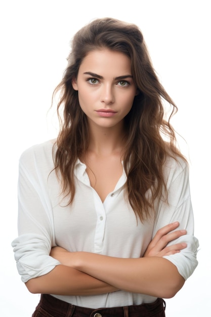 angry brown hair woman on white background