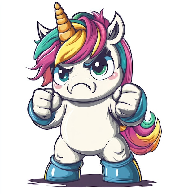 An angry cartoon unicorn with rainbow mane big eyes and fists clenched in a fighting stance