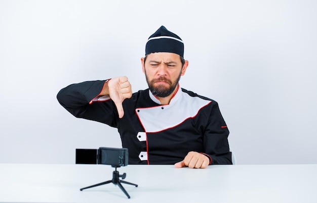 Angry chef is showing dislike gesture with thumb by sitting in front of his mini camera on white background