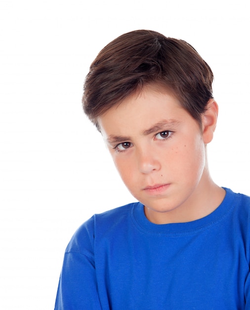 Angry child with ten years old and blue t-shirt 