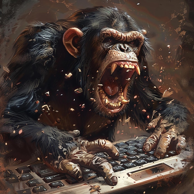 Angry Chimpanzee Holding a Computer Keyboard Displaying Frustration and Agitation