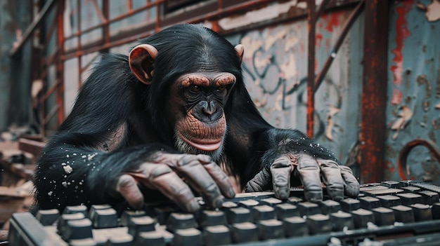 Angry Chimpanzee Holding a Computer Keyboard Displaying Frustration and Agitation