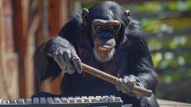 Angry Chimpanzee Holding a Computer Keyboard Displaying Frustration and Agitation