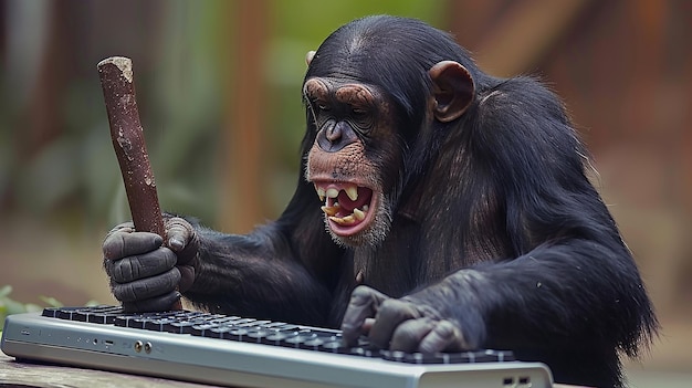 Angry Chimpanzee Holding a Computer Keyboard Displaying Frustration and Agitation