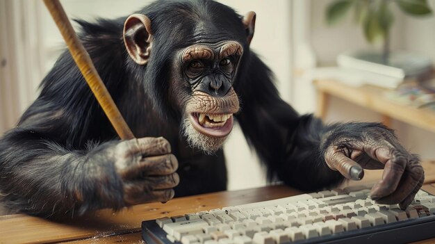 Angry Chimpanzee Holding a Computer Keyboard Displaying Frustration and Agitation