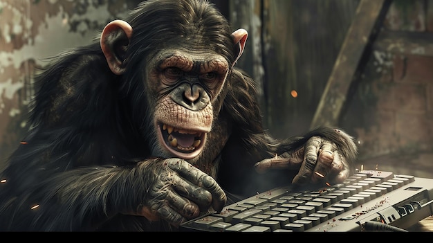 Angry Chimpanzee Holding a Computer Keyboard Displaying Frustration and Agitation