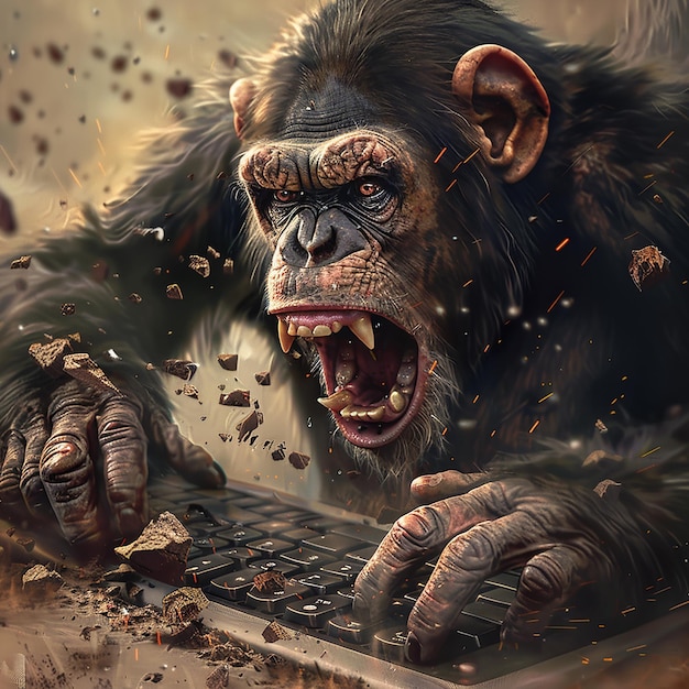 Angry Chimpanzee Holding a Computer Keyboard Displaying Frustration and Agitation