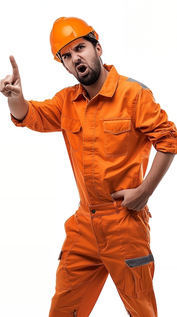 Photo an angry construction worker wearing an orange jumpsuit and a hard hat he is pointing his finger and yelling