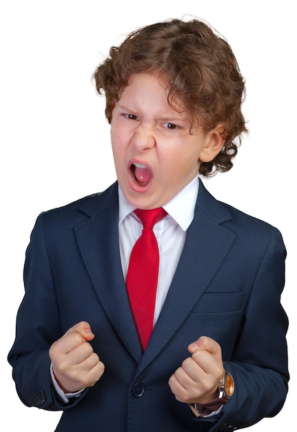 Angry curly boy in a formal suit