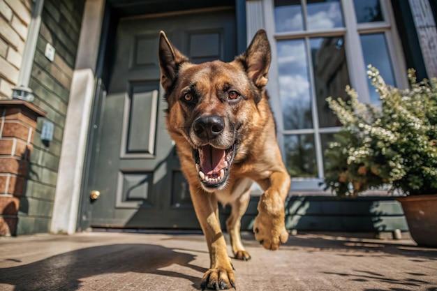 an angry dog is running outside a house