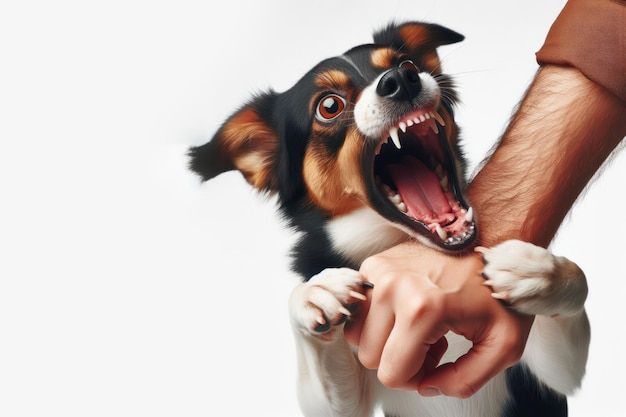 An angry dog with open mouth bit a man hand isolated on a white background