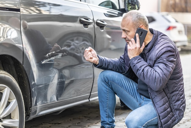 An angry driver calls the insurance company or the police because of a damaged car