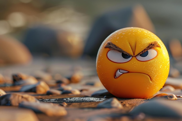 Photo angry emoji frowning with wet eyebrows on a rocky beach