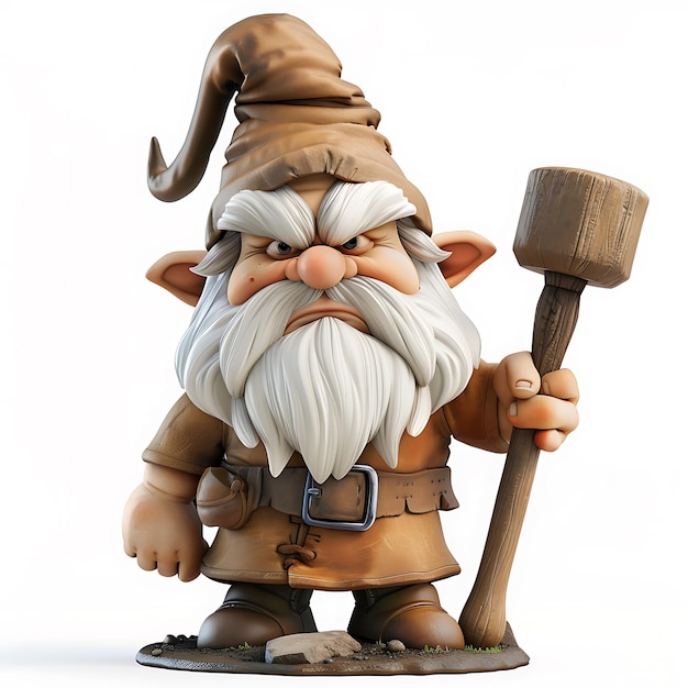 Photo angry garden gnome with a wooden hammer