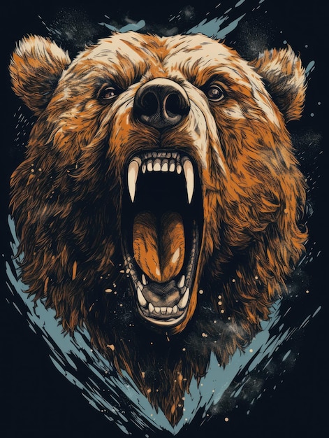 An angry grizzly's face with a mouth open Print for Tshirts Generative AI